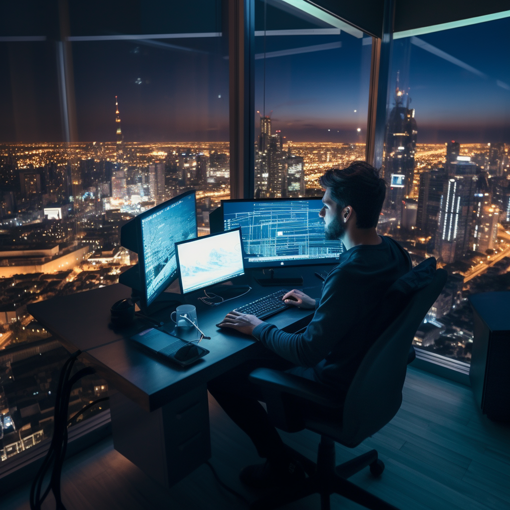 Diseñador web en una oficina moderna desde un rascacielos.