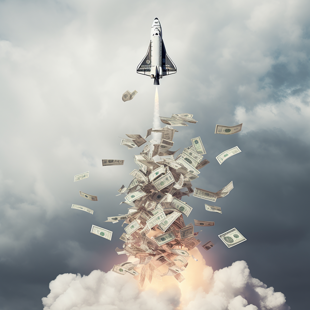 Foto de explosión en dólares por un cohete que despega hacia la luna