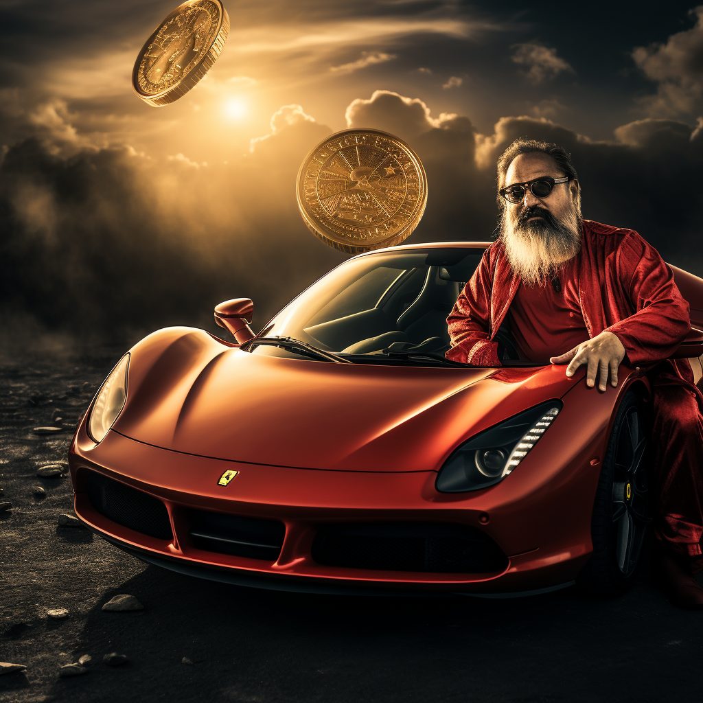 Hombre barbudo en Ferrari rojo