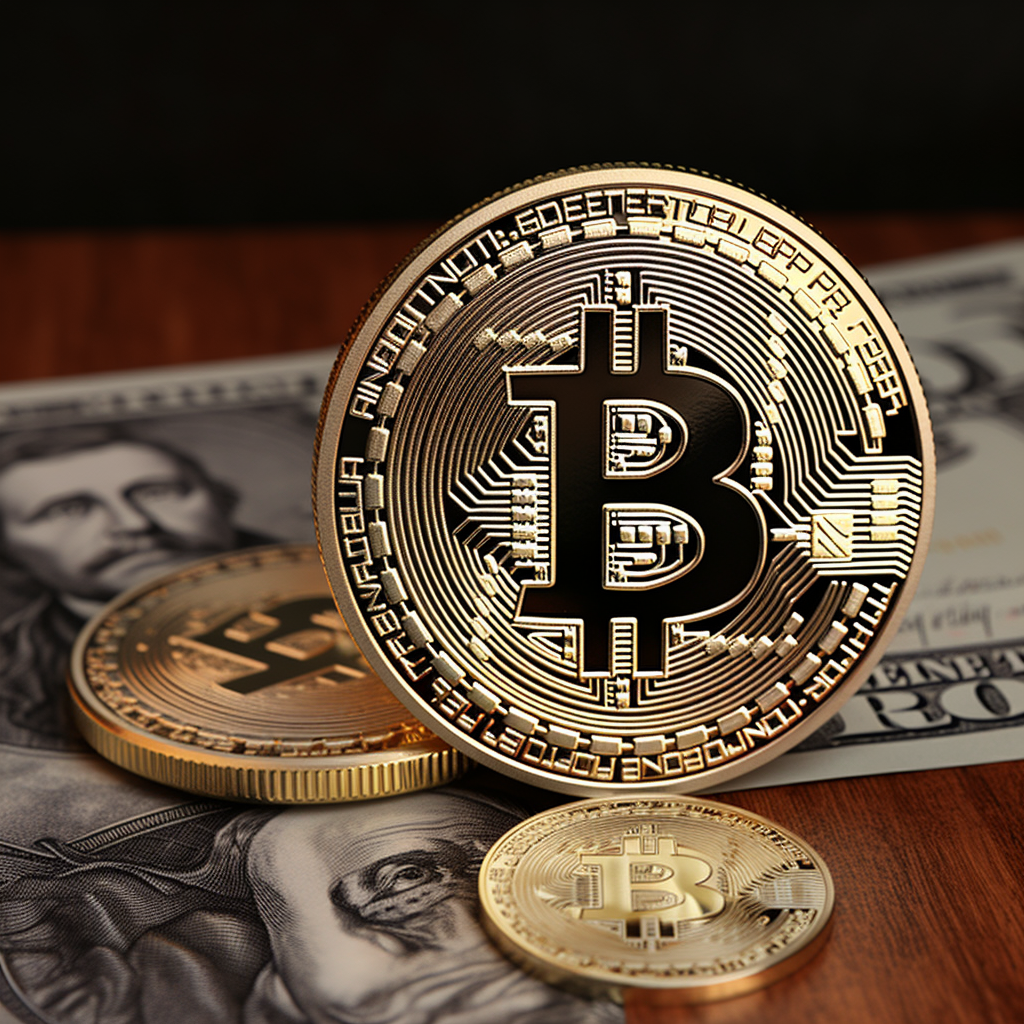 Ilustración de Bitcoin y un dólar en billete.