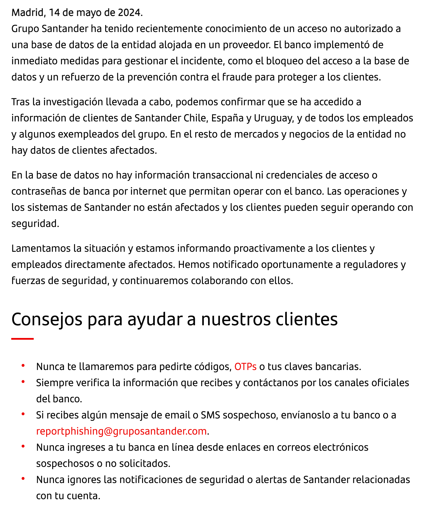 Comunicado del Banco Santander 