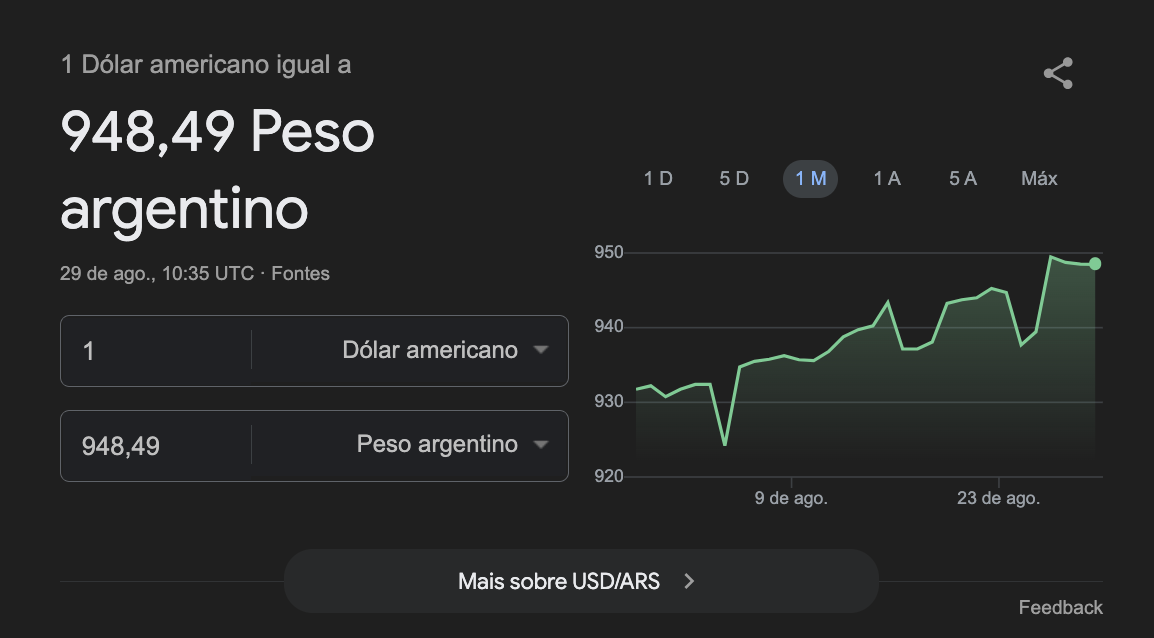 captura de pantalla mostrando el cambio del dólar oficial en Argentina