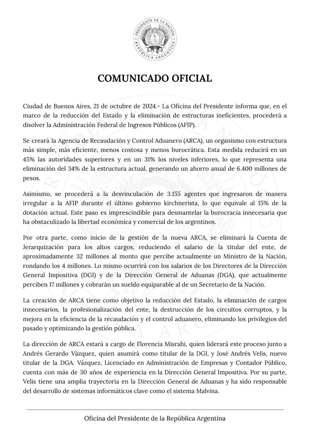 Comunicado oficial presentado por el gobierno nacional